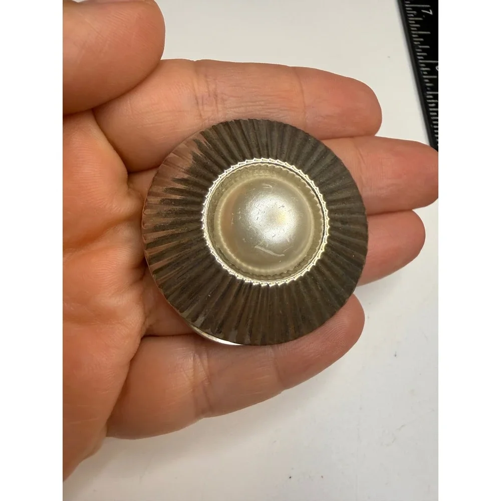 Vintage Silver Tone Sunburst Scarf Clip with Faux Pearl Center Circular Brooch
